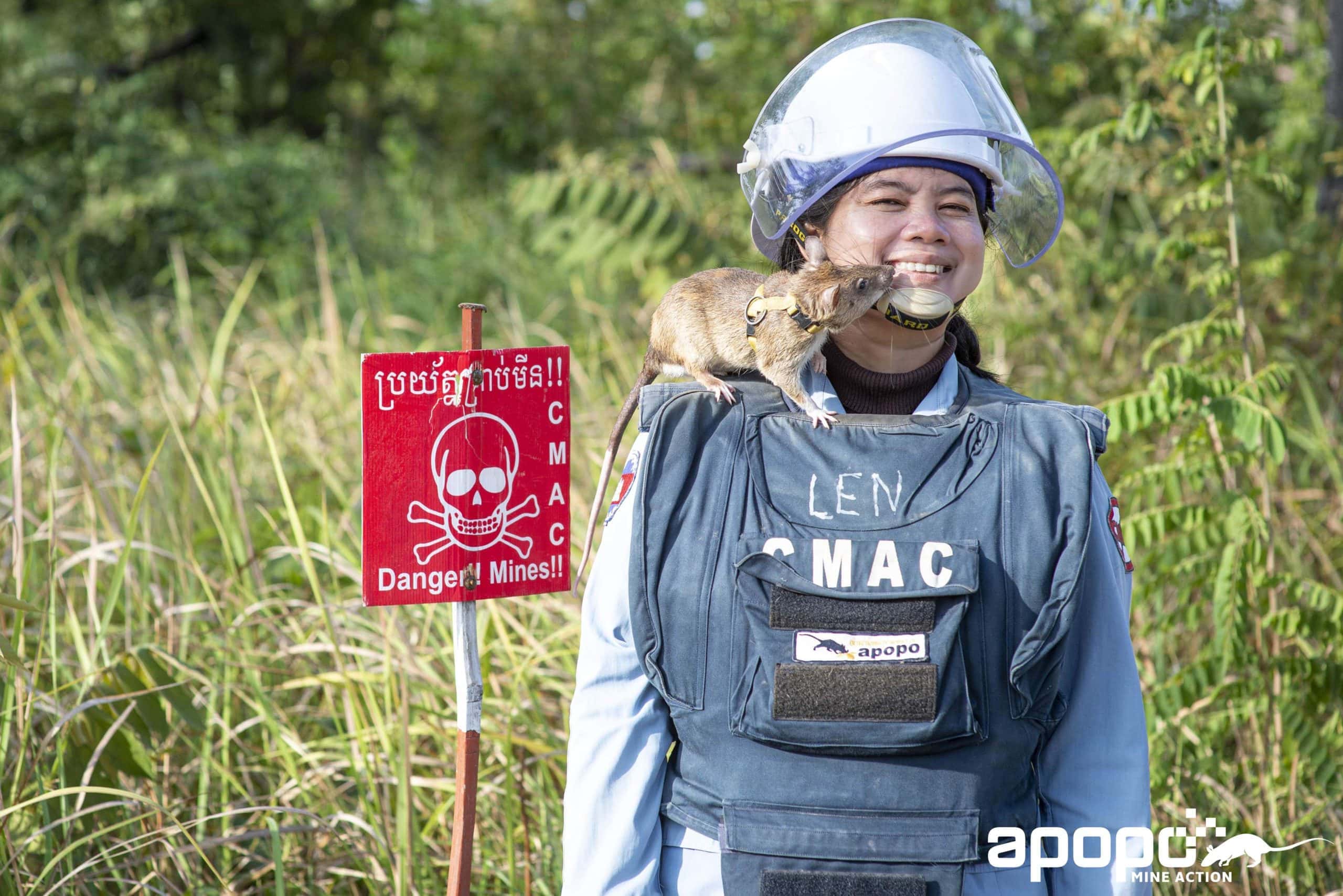 Eine Frau mit Schutzkleidung und einer HeroRAT von Apopo steht vor einem Minenfeld. Links neben ihr steht ein Warnschild mit der Aufschrift "Danger! Mines!"
