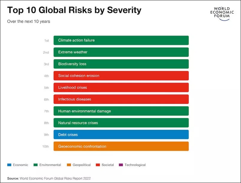 Eine Grafik, die die Top 10 der globalen Risiken nach Schweregrad zeigt.