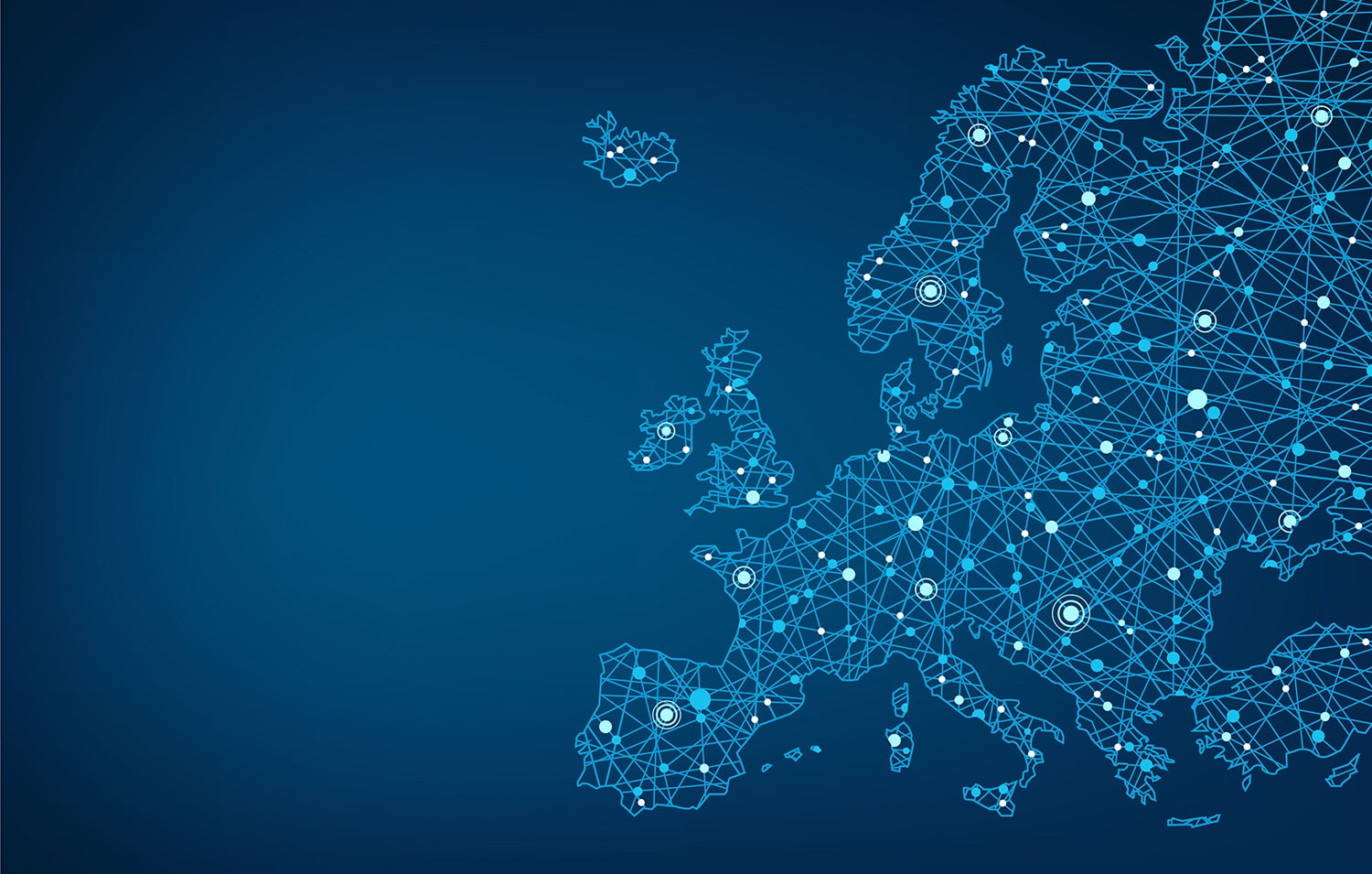 Europakarte komplett in Blau mit unzäligen Verbindungslinien. Die Karte erinnert an ein Computernetzwerk mit diversen Satellitenpunkten.