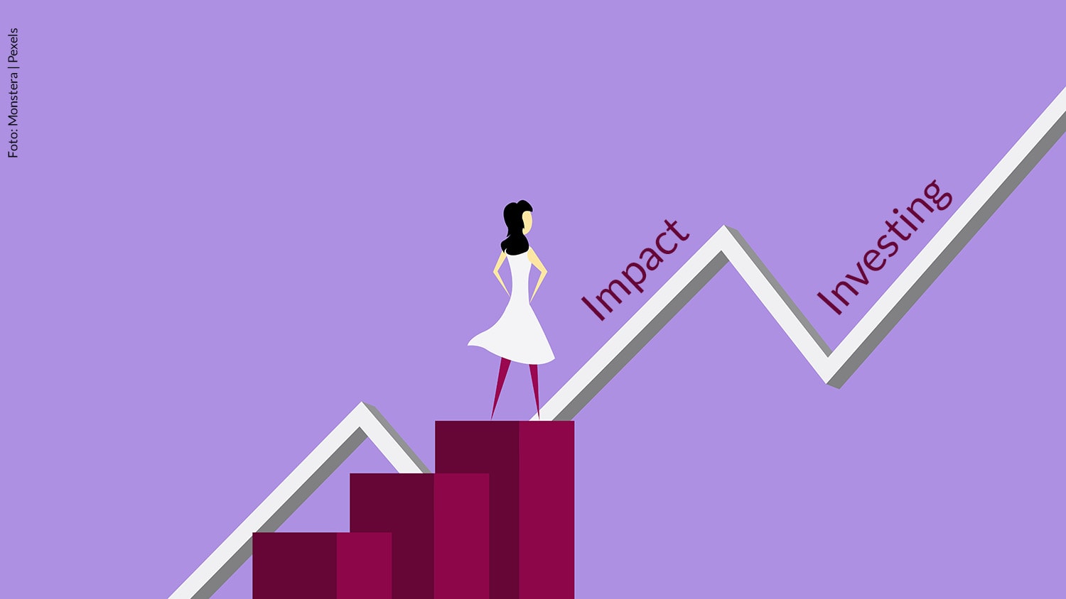 Eine Grafik: Eine Frauenfigur steht auf drei Stufen, die an ein Balkendiagramm erinnern. Im Hintergrund verläuft ein tendenziell steigender Graph. Entlang des Graphs steht der Begriff "Impact Investing"