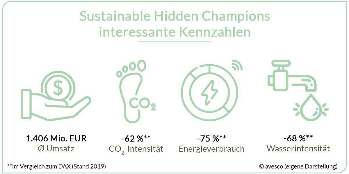 Grafik mit Icons zu interessanten Kennzahlen zu Sustainable Hidden Champions. 1. Umsatz, 2. CO2-Intensität, 3. Energieverbrauch und 4. Wasserintensität