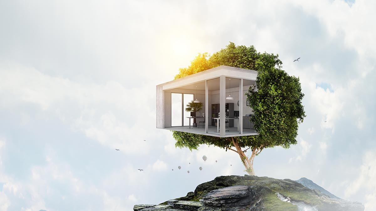 Eine Computergrafik von einem modernen Haus, das in einer Baumkrone platziert ist. Der Baum steht auf einem Fels hoch oben, im Hintergrund Himmel und Vögel und Heißluftballons.